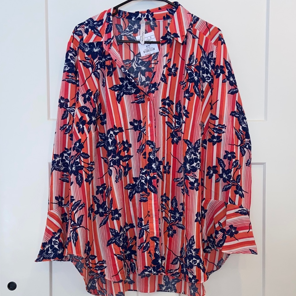 3x NY Collection Coral and Navy Floral Stripe Button-Down Shirt